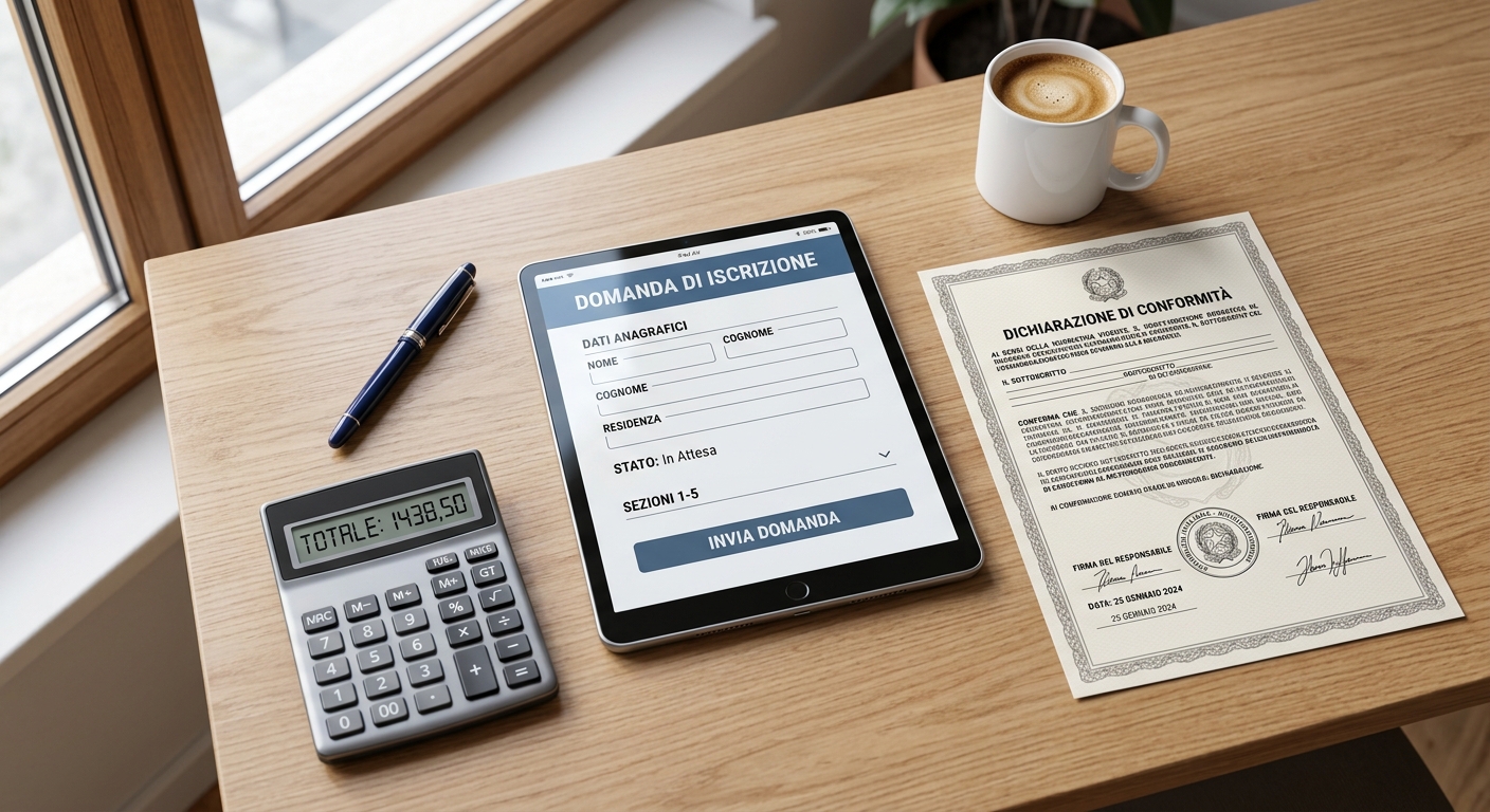 Scrivania vista dall'alto con tablet, penna e documenti per la pratica del bonus wallbox