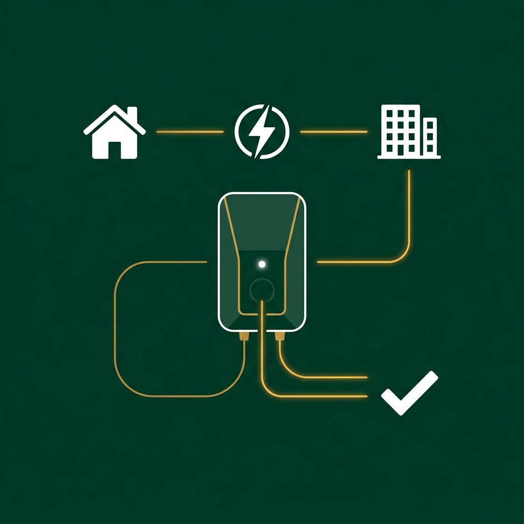 Illustrazione di una wallbox di ricarica elettrica con icone collegate, a rappresentare il percorso guidato del configuratore Green Mood