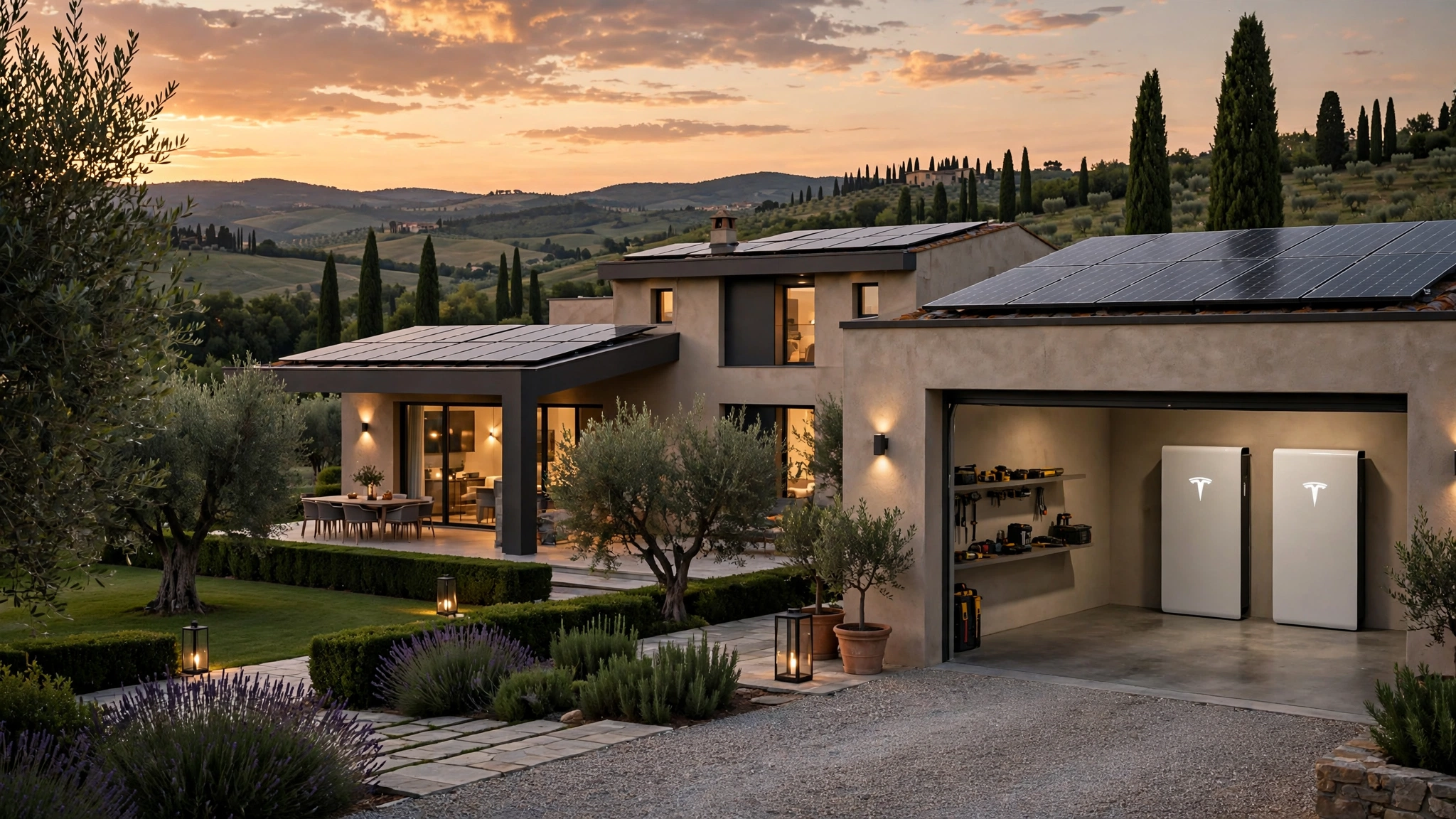 Villa italiana con due Tesla Powerwall 3 installati in garage accanto all'inverter fotovoltaico
