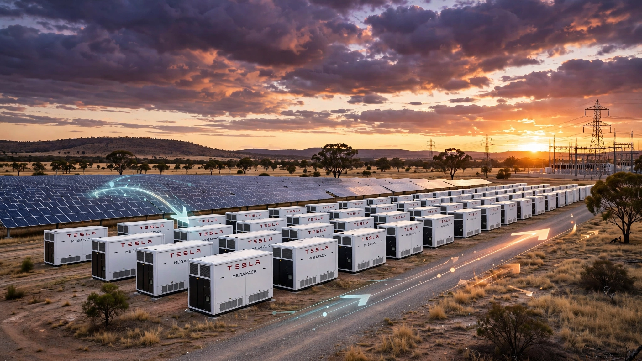 Schema del flusso di energia solare verso il Megapack: carica a 100 MW in 4 ore, scarica a 50 MW in 8 ore