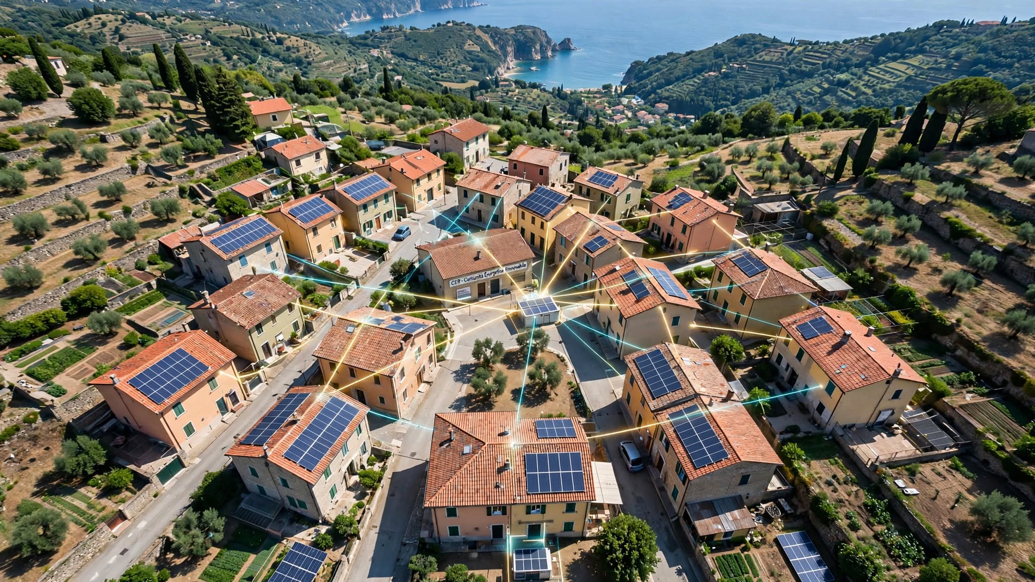 Vista aerea comunità energetica rinnovabile in Liguria, case collegate che condividono energia solare