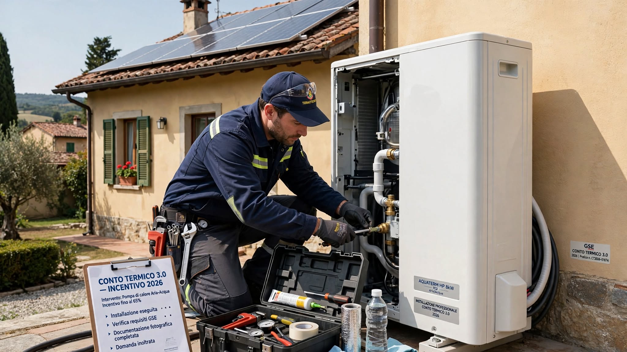 Tecnico specializzato installa pompa di calore aria-acqua accanto a casa con fotovoltaico - Conto Termico 3.0 2026