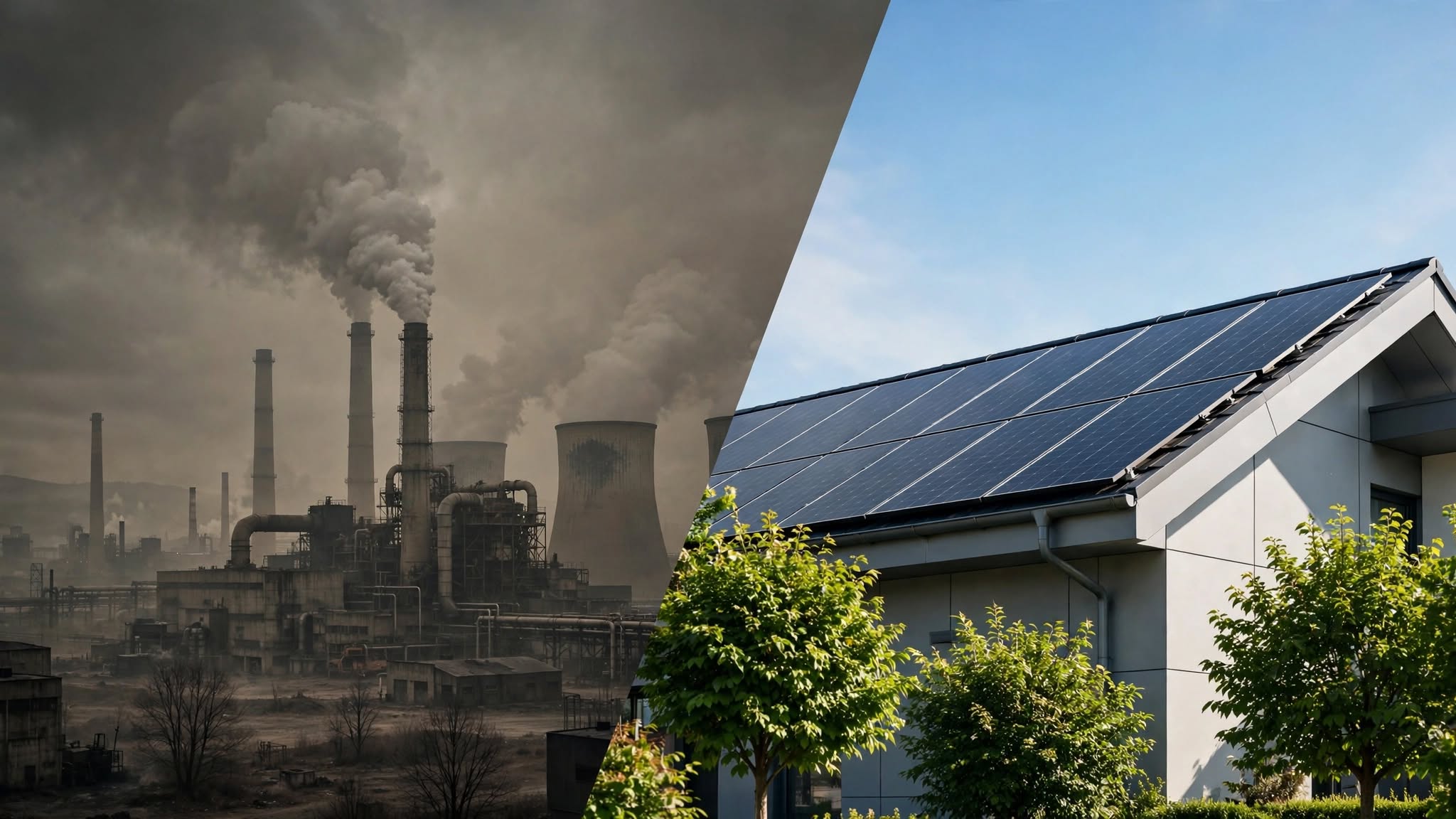 Composizione divisa: a sinistra una centrale industriale con ciminiere e torri di raffreddamento fumanti sotto un cielo grigio, a destra un tetto con pannelli fotovoltaici circondato dal verde sotto un cielo azzurro sereno, a simboleggiare il dilemma tra lavoro e salute