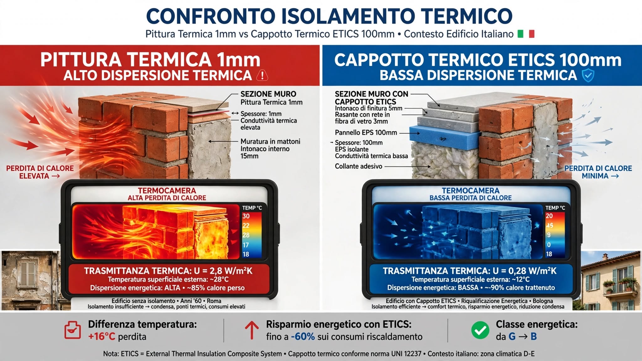 Infografica: il mito delle vernici isolanti smontato con il confronto tra cappotto e pittura