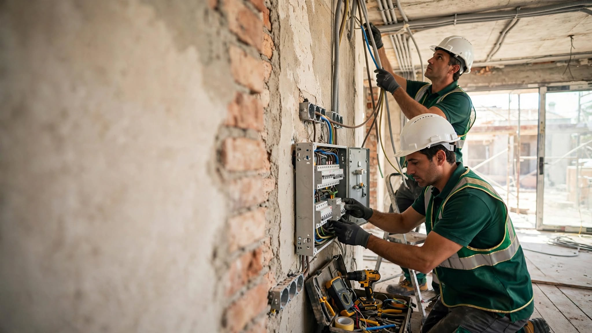 Due elettricisti Green Mood Italia montano un quadro elettrico durante il rifacimento dell'impianto