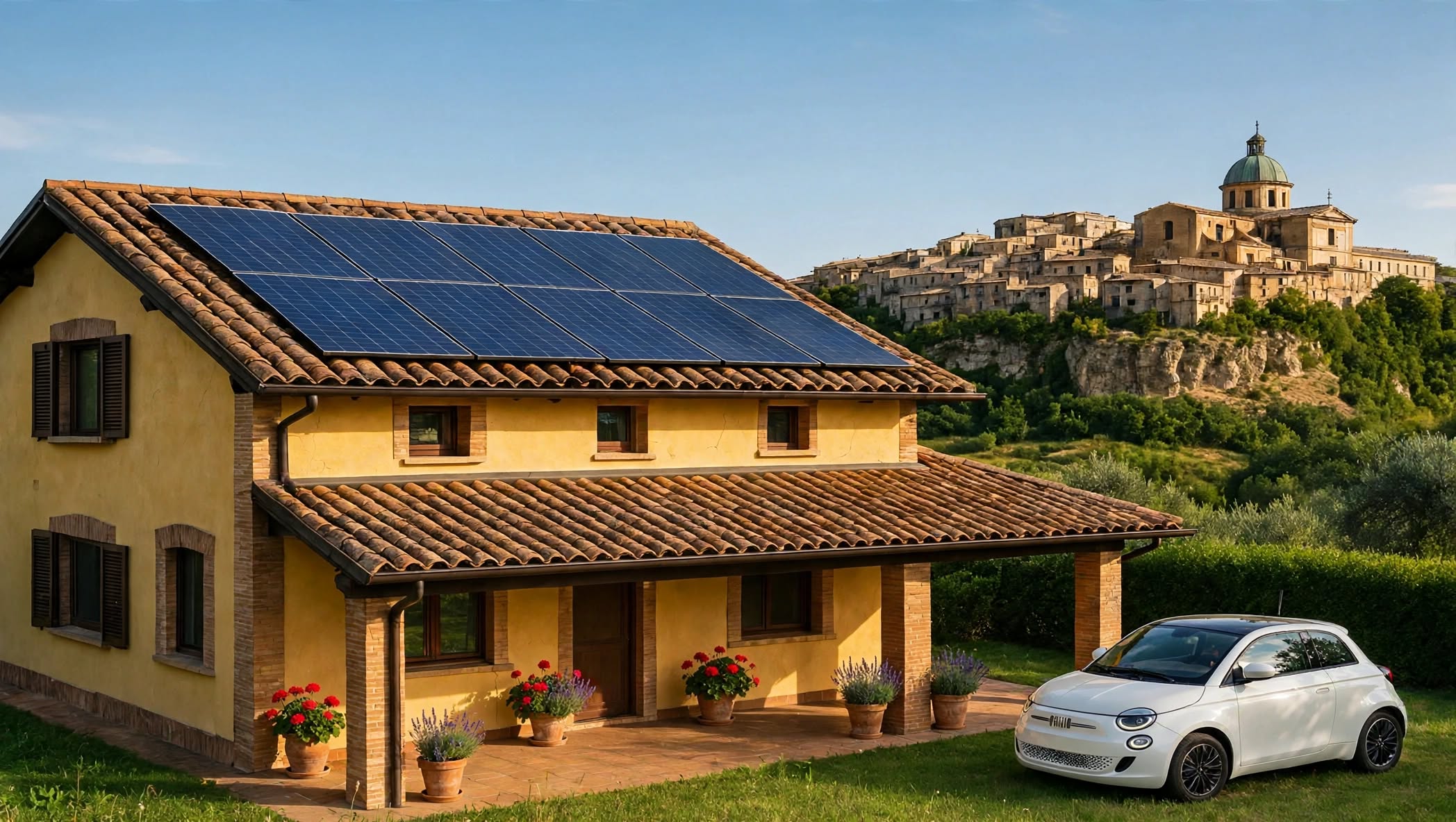 Casa indipendente con impianto fotovoltaico in falda e auto elettrica parcheggiata accanto al portico, sullo sfondo un paese collinare siciliano