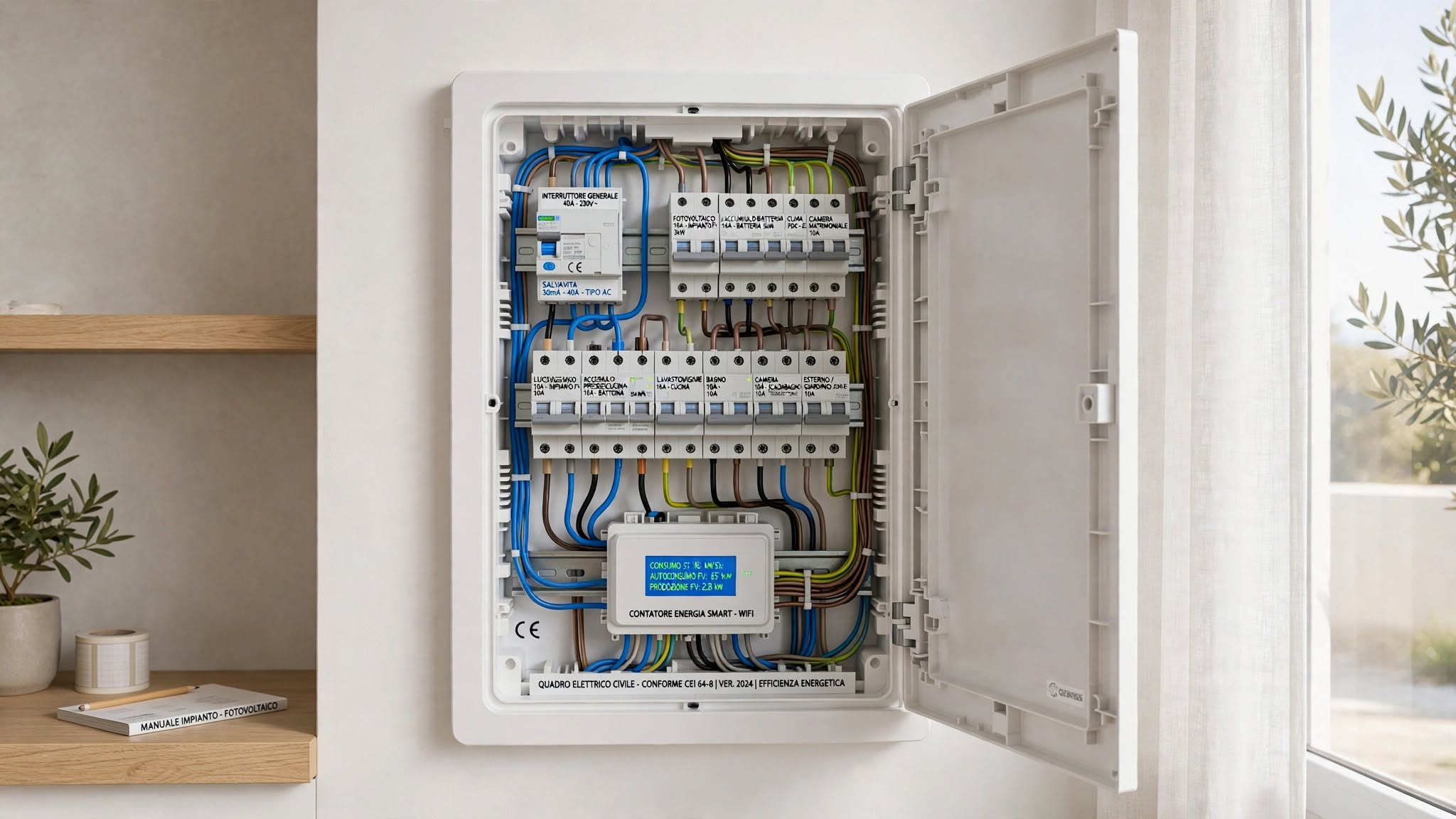 Interno di un quadro elettrico con interruttori magnetotermici e differenziali