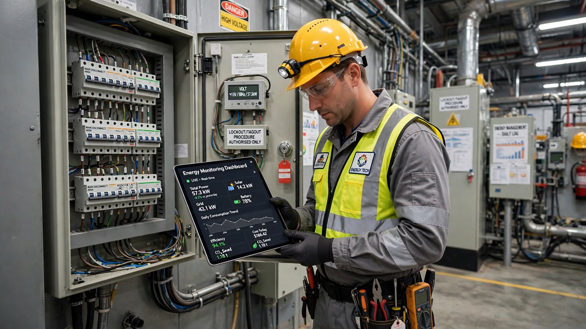 Tecnico Green Mood Italia accanto a un quadro elettrico durante un sopralluogo